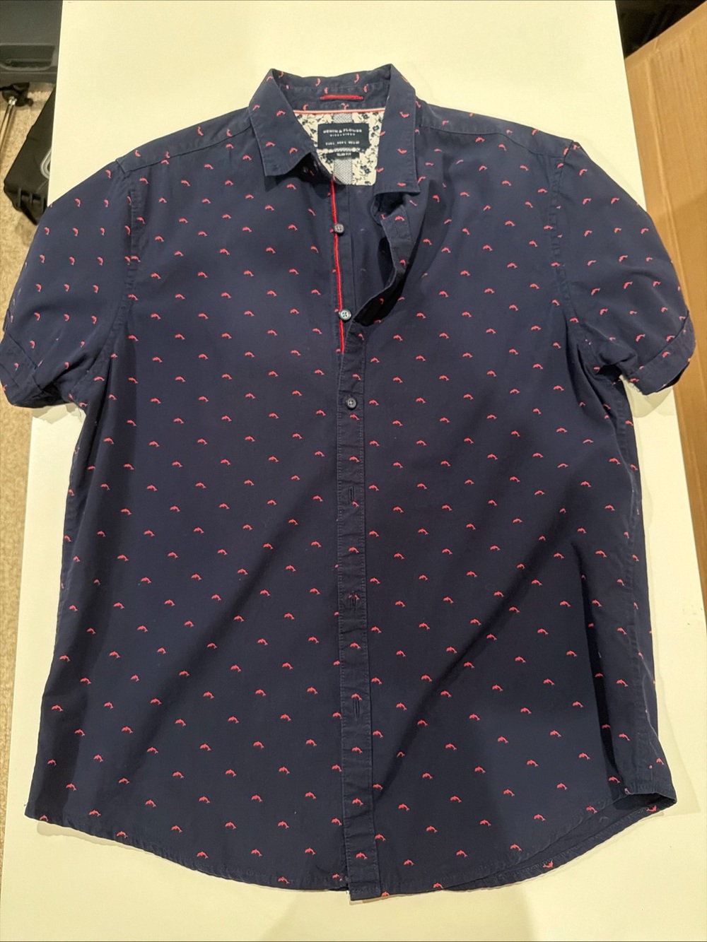Denim and Flower Short-Sleeve Navy Shirt with Red Micro Print - Club Room